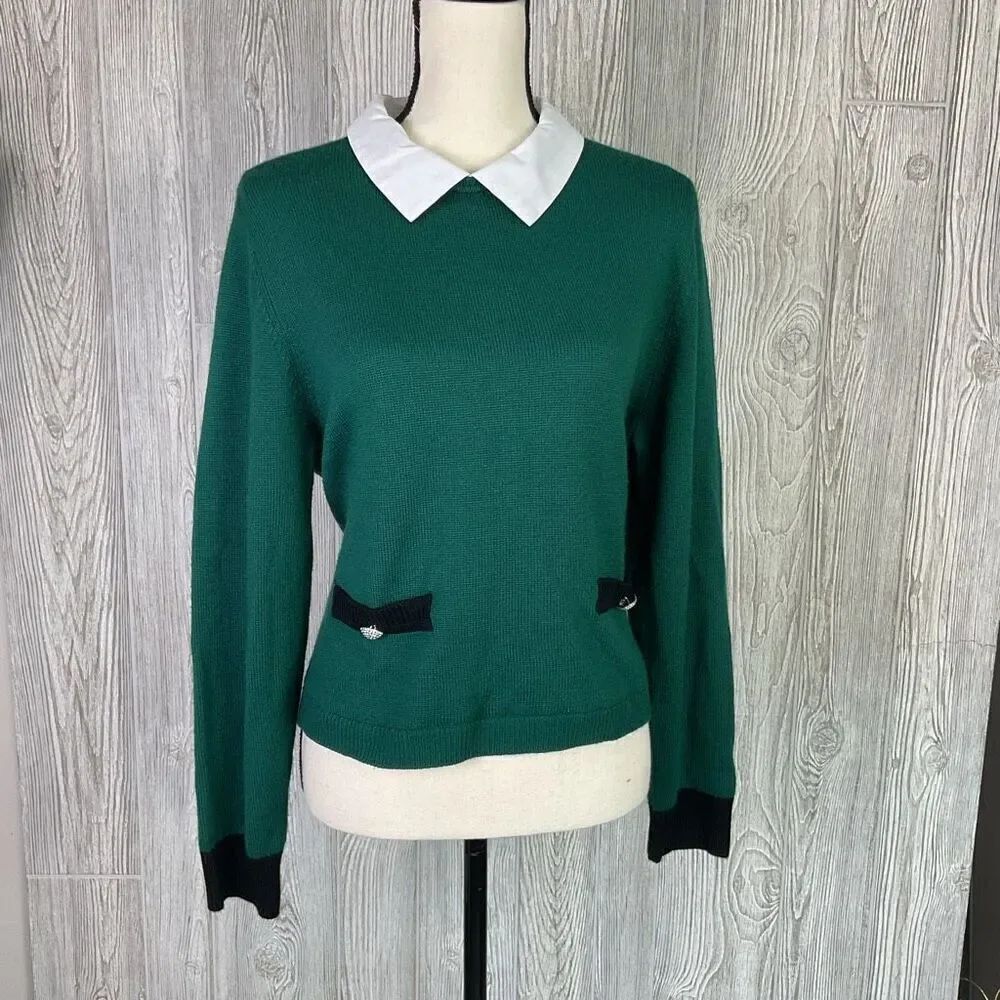 Karl Lagerfeld Paris Women's Large Green White Collared Long Sleeve Top Preppy